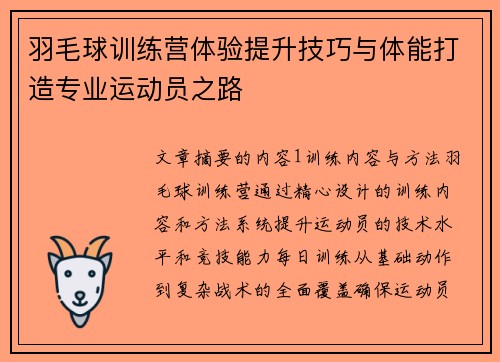 羽毛球训练营体验提升技巧与体能打造专业运动员之路