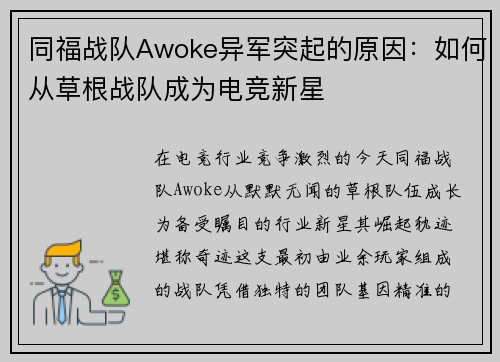 同福战队Awoke异军突起的原因：如何从草根战队成为电竞新星