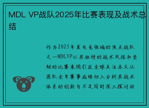 MDL VP战队2025年比赛表现及战术总结